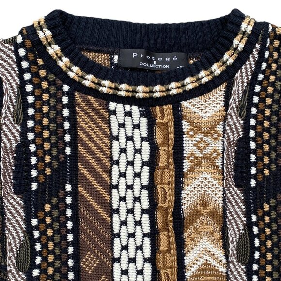 Vintage Protege Collection Stripe Coogi Style Sweater Brown 90s 3D Funky Knit-XL - Picture 2 of 14